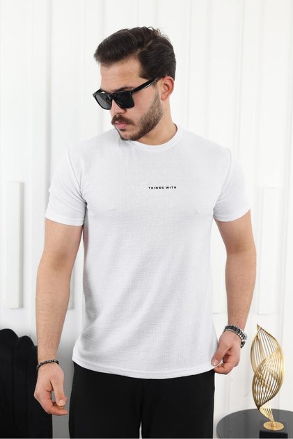 Men's Patterned Print Tight Short Sleeve Basic White T-Shirt