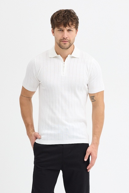 White 100% Cotton Half Zip Polo Neck Men's Knitwear T-Shirt