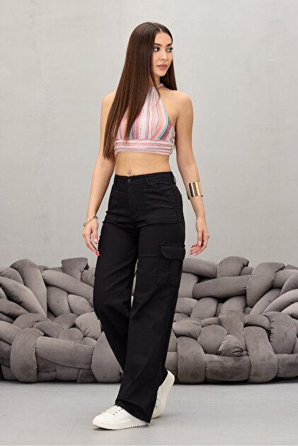 BİKELİFE Black Cargo Pocket Lycra High Waist Wide Leg Trousers BİKELİFE Black Cargo Pocket Lycra High Waist Wide Leg Trousers