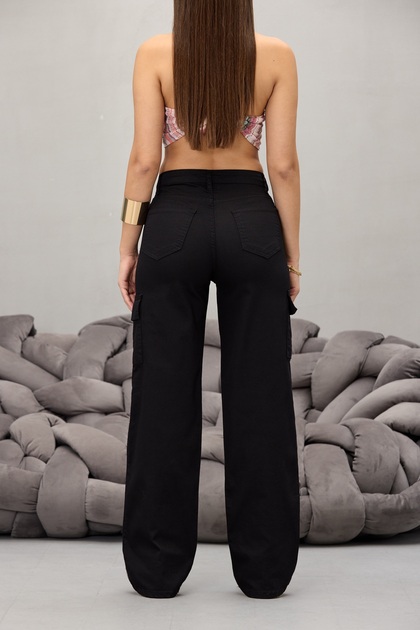 BİKELİFE Black Cargo Pocket Lycra High Waist Wide Leg Trousers