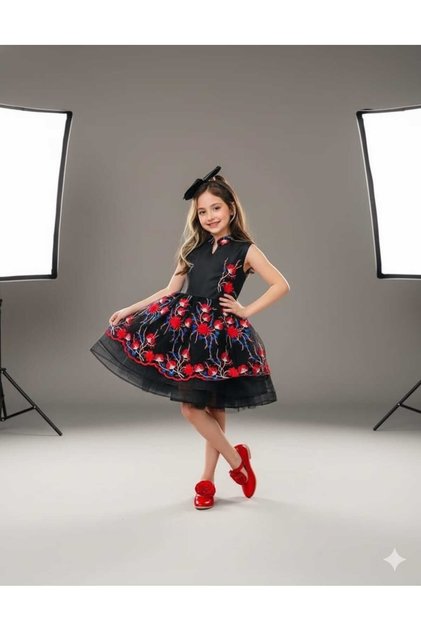 Buckled Lined Girls' Floral Embroidered Evening Dress ( One Size Larger Can Be Preferred )