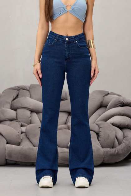 Kadın Lacivert Yüksek Bel Esnek Ispanyol Paça Jeans
