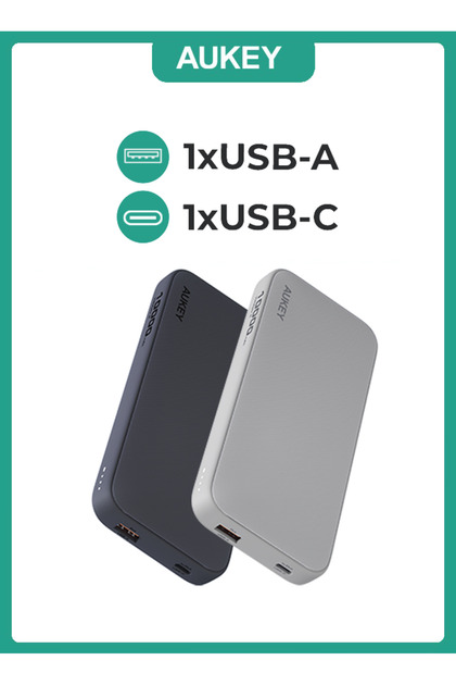 AUKEY PB-Y46 Spark Go بنك الطاقة 10,000 مللي أمبير، 15 واط PD، شحن سريع، 1xUSB-A و 1xUSB-C، رمادي.