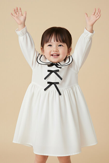 ALYRA Girl's Korean-Style Baby Collar Long Sleeve Lined Bow Detail Linen Christmas  Dress- Trendyol