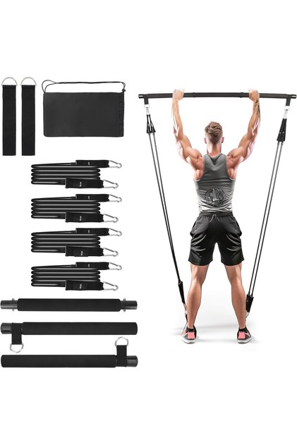 Set Pilates cu bară și 4 benzi de rezistență, curele pentru picioare, geantă de transport, negru