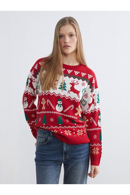Özmarka Damen-Strickpullover mit Rundhalsausschnitt und Weihnachtsmotiv der neuen Saison