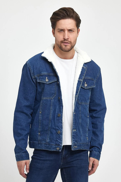 Men's Winter Fashion Furry Denim Winter Season Jeans Jacket Blue