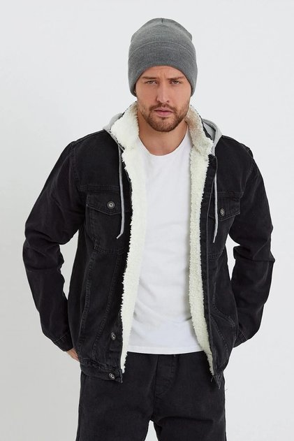 Fur Lined Hooded Denim Coat Black