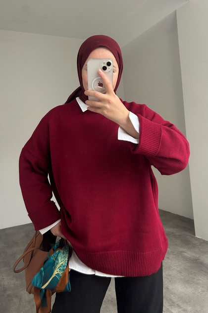Kadın Bisiklet Yaka Oversize Triko Tunik Kazak Bordo