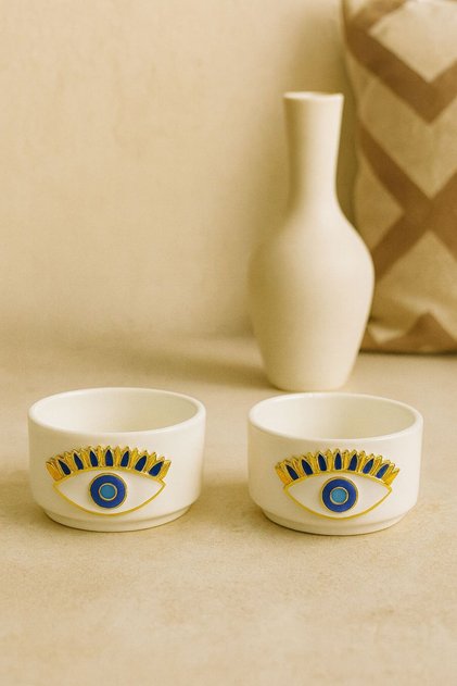 2-Piece White Porcelain Evil Eye Sauce Bowl Turkish Delight Bowl Presentation Bowl Mini Size