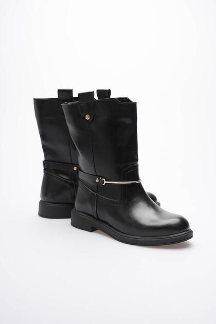 Women's Leather Pull-On Boots Gold Buckle Black Soretta