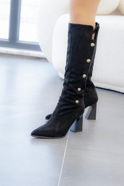 Lui̇sa Original Imported Stone Buckle Detail Suede Women's Boots Black