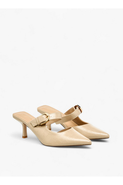 Womens Buckle Detail Flared Heel Mules