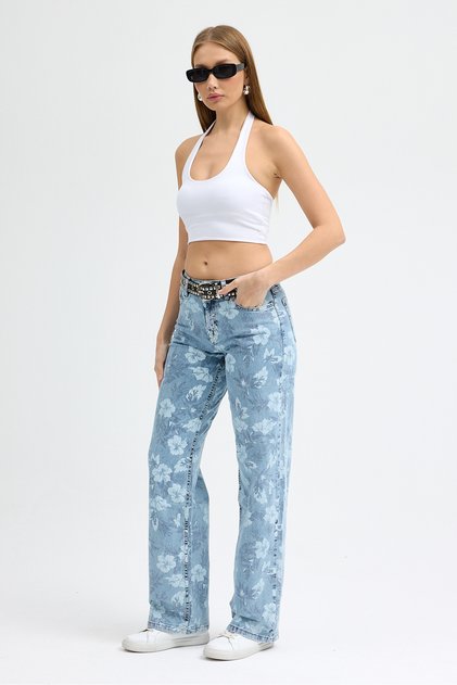 ANG mide Rise wide leg kemerli çiçek desenli açık mavi kadın jeans