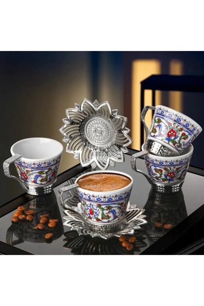 Turkish Coffee Presentation Set for 6 People Silver Gold Coffee Cup Set Topkapi Coffee Cup Set of 6