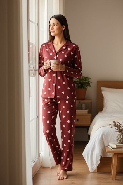 YENİ SEZON POLCAN YUMUŞAK PAMUKLU KALP DESENLİ DÜĞMELİ PİJAMA TAKIMI