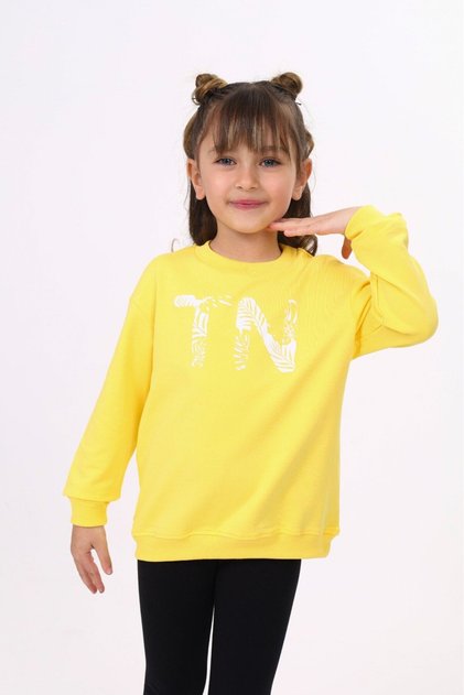 Yellow Girls' Relax Fit Crew Neck Lightweight Drop Shoulder Printed Sweatshirt - 2 Thread