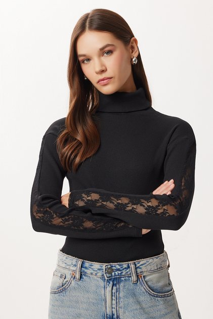 Corded Fabric Knitted Blouse with Lace Trim Len0051 Black