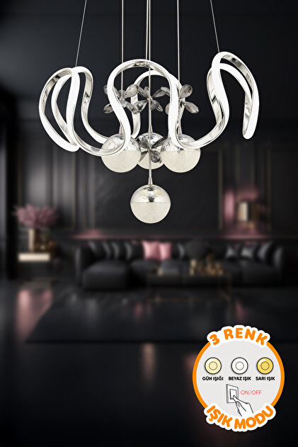Modern Riva Krom 3 Renk Işık Özellikli Power Led Sarkıt Led Avize Salon Avize