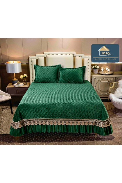 Cuvertură de pat din catifea cu volane + 2 fețe de pernă, 220x240cm, Verde smarald