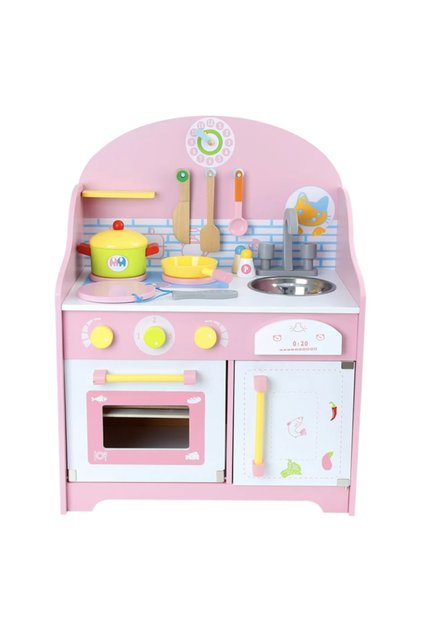 Bucătărie de jucărie din lemn cu frigider, cuptor și accesorii roz MSN17061