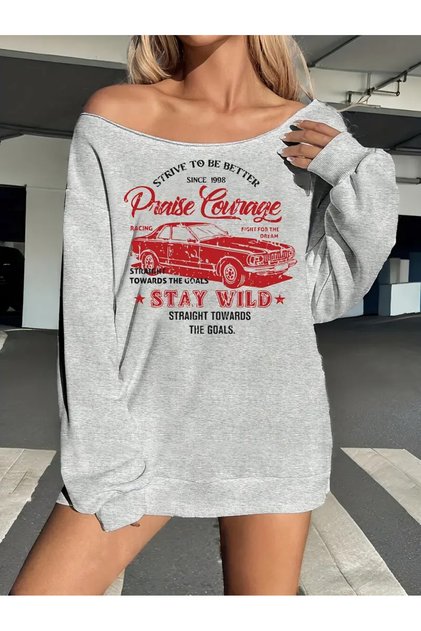 Women's Gray Boat Neck Stay Wild Printed Sweatshirt