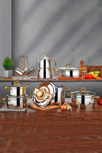 Ambiance 18-Piece Pressure Cooker, Deep Pot, Stew Pot, Teapot Cookware and Dowry Set 18/10 Stainless Steel Gold