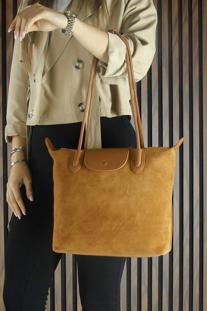 Tan Genuine Cowhide Suede Zippered Magnetic Closure Large Size Daily Shoulder Bag