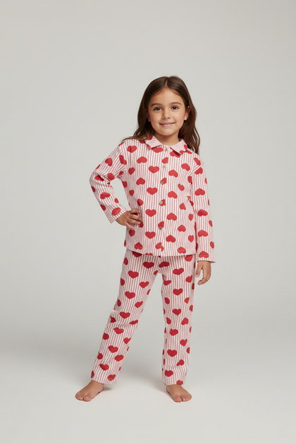 Heart Patterned Children's Pajama Set 100% Cotton Comfortable and Soft