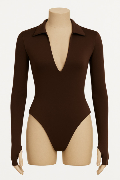 Yakalı parmak geçirme detaylı kahve bodysuit