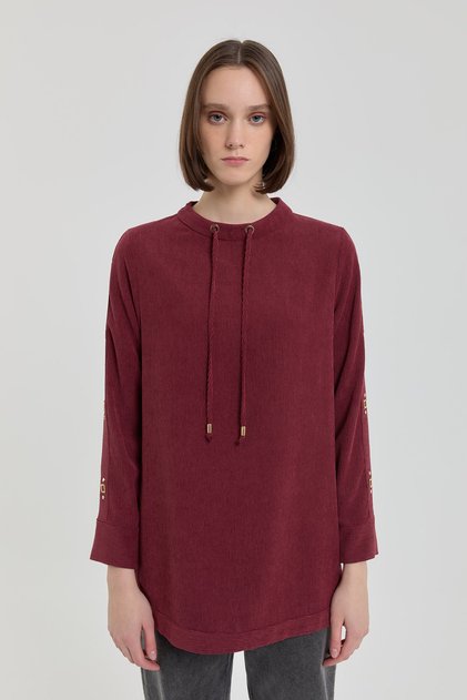 Metal Aksesuarlı Kadife Tunik Bordo