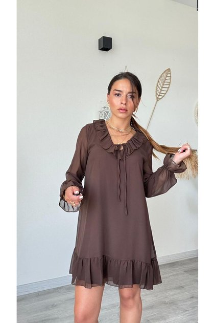 Very Stylish Above-Knee Dress with Gathered and Sleeve Detailing, Ruffled Tie-Up, and Chiffon Lining