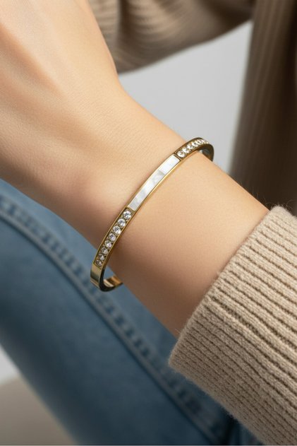 Steel Thin Pearlescent Stone Women's Handcuff Bracelet – 18 cm Handcuff Bracelet | Non-Tarnish Women's Jewelry