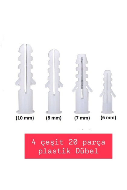 4 Çeşit 20 Parça Plastik Dübel (Duvar,Ahşap gibi Sert Yüzeylere Vida Montajı İçin )