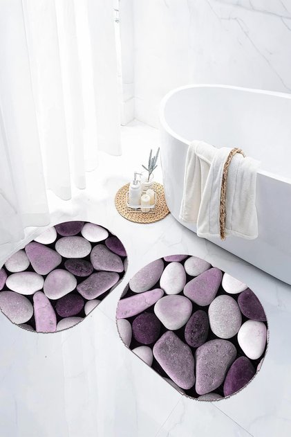 Digital Non-Slip Base Washable Stone Patterned Oval Bath Mat Toilet Set