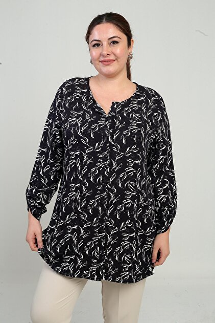 Women's Crew Neck Leaf Patterned Sleeve Folded Large Size Placketed Long Shirt Slim Fit