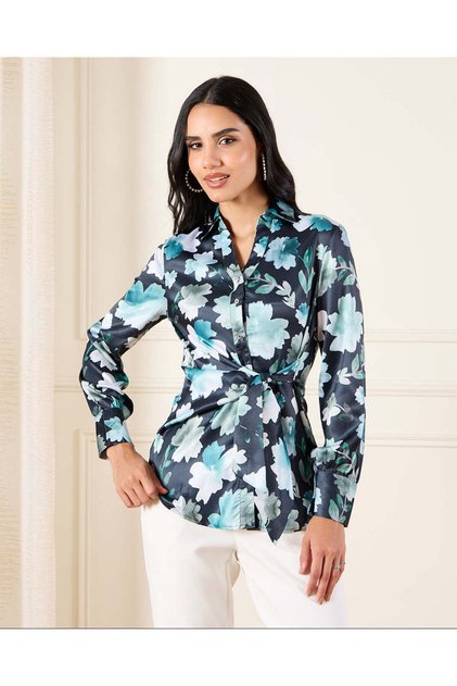 Women Blue Printed Satin Wrap Detailed Shirt