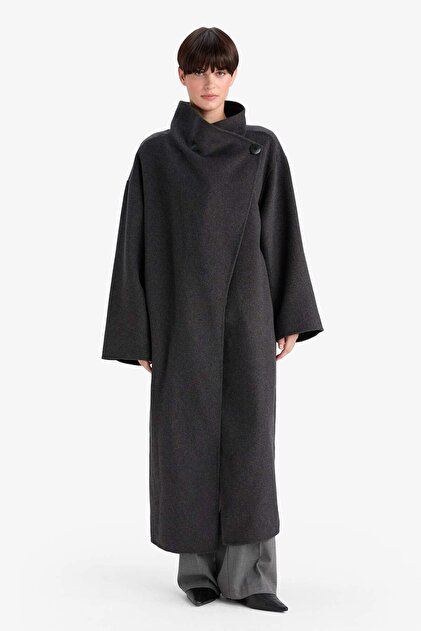 Defacto Yün Karışımlı Regular Fit Düğmeli Uzun Kaşe Kaban