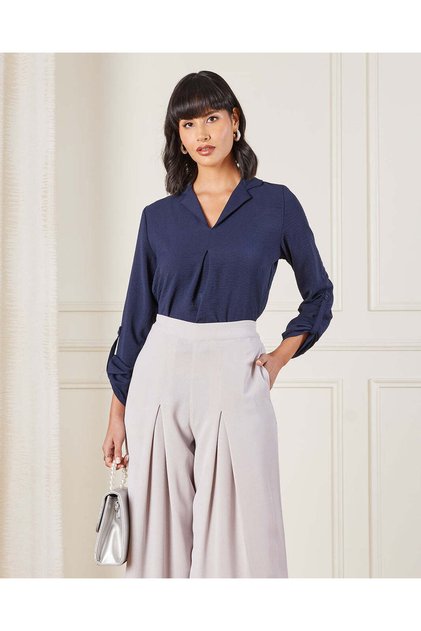 Women Navy Lapel Blouse