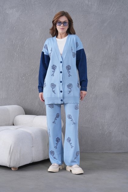 Women's Sleeves Denim Front Beaded Wide Fit Knitwear Cardigan and Pants Bottom-Top Set