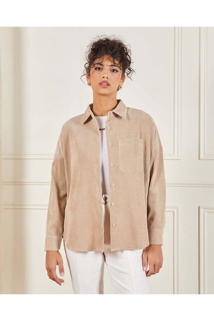 Women Beige Couduroy Button Down Shirt