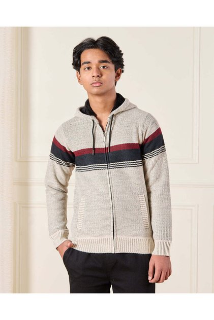 Senior Boys Beige Sherpa Lining Zip Thru Hoody Cardigan
