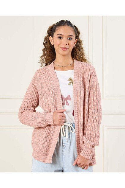 Senior Girls Pink Front Open Cardigan With T-Shirt (2 Piece)