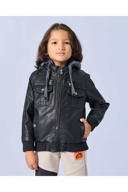 Boys Black Embellished Hooded Jacket