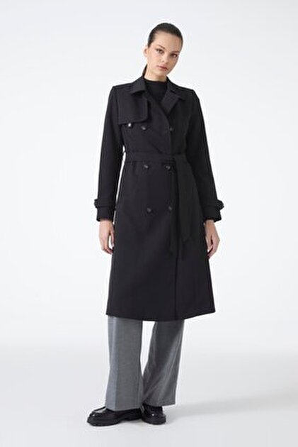 Zühre Kruvaze Yaka Apolet Detaylı Kemerli Siyah Trençkot 13758