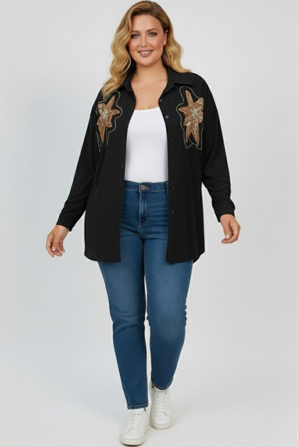 Women's Plus Size Sequin Embroidered Long Sleeve Shirt 1985-26