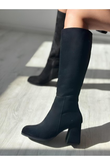 Black Suede Zippered Thick Heel Boots