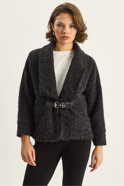 Women's Black Belted Lined Felt Jacket Coat 2062 60283746