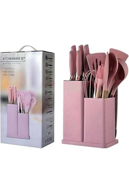 19-Piece Pink Kitchen Set - Silicone Cooking Utensils & Stainless Steel Knives with Storage Block