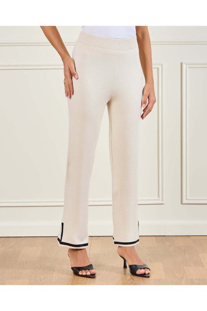 Women Cream Knitted Straight Fit Trousers